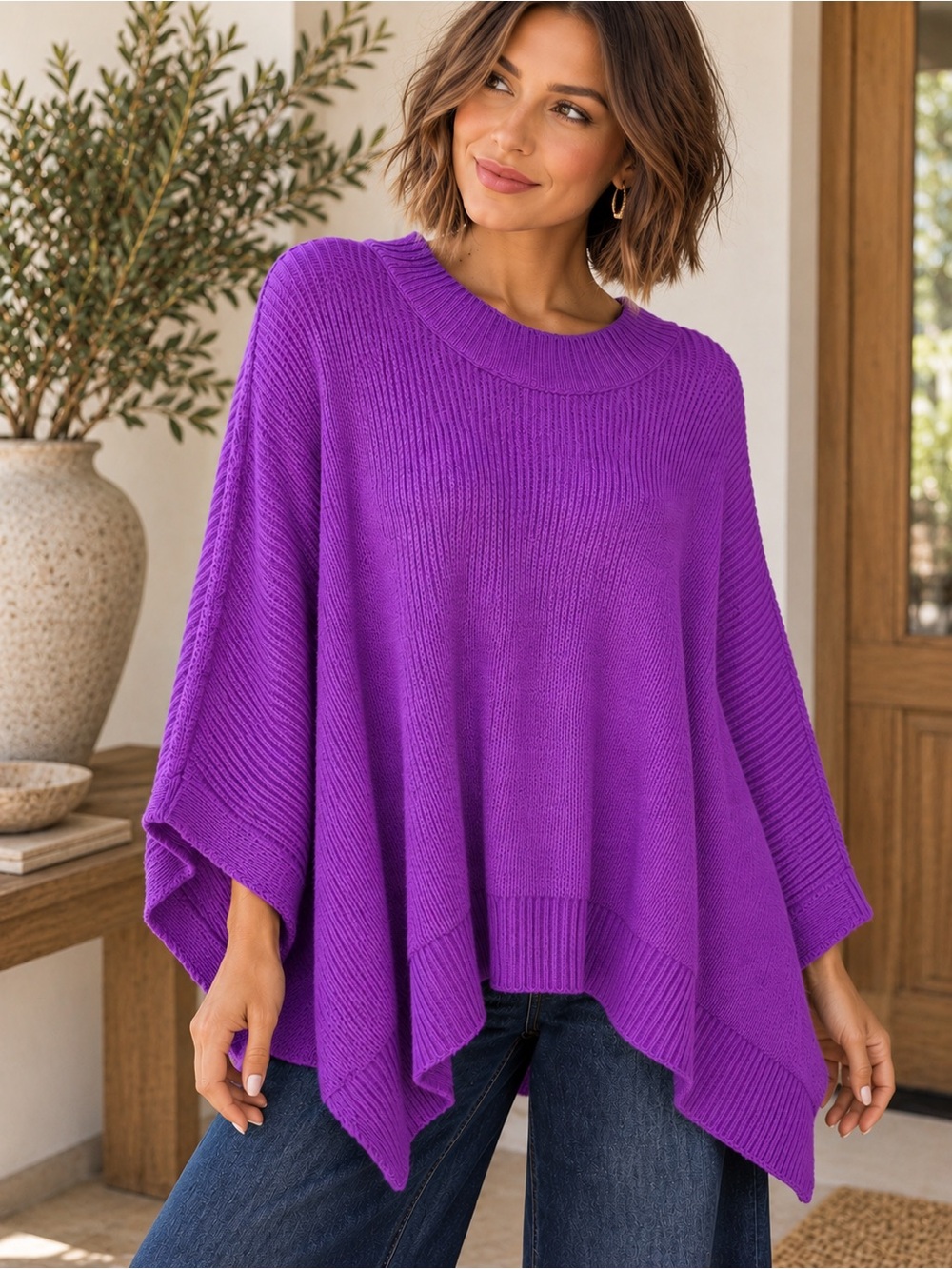 Free People Purple Oversized Dolman Sweater Slouchy Poncho Knit C173